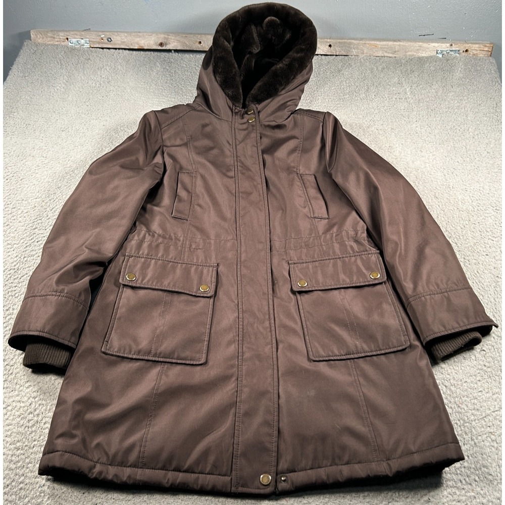 Andrew Marc Jacket Coat Women Medium Brown Polyester Faux‎ Fur Lined Hood Jacket